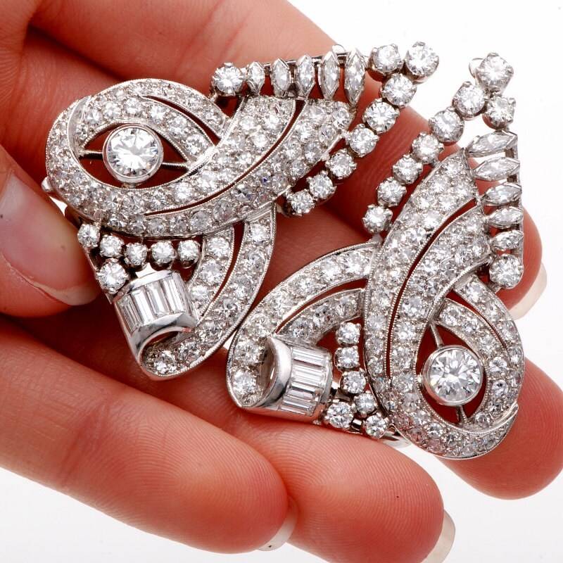 Vintage 16.75Cts Diamant Platin Doppel-Clip Pin Brosche Vintage 16.75Cts Diamant Platin Doppel-Clip Pin Brosche von DoverJewelry