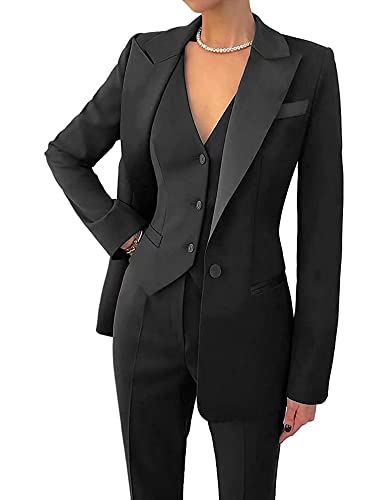 Damen 3 Stück Büro Lady Business Anzug Set Slim Fit Solide Blazer Weste Hose Set, Schwarz1, 36 von Dowbins