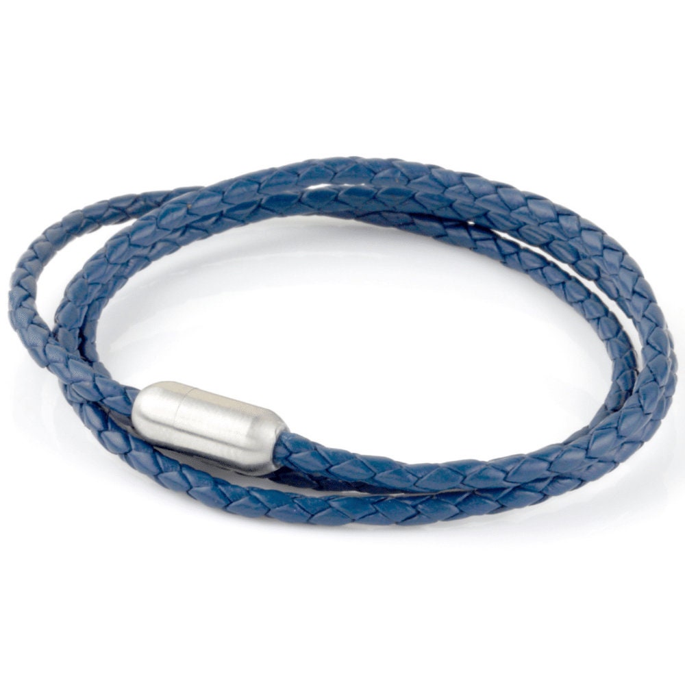Ozean Blau Geflochten Echtes Leder Triple Wrap Edelstahl Armband Für Männer Oder Frauen von DowlingBrothers