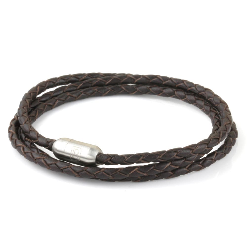 Schokolade Braun Geflochten Echtes Leder Triple Wrap Edelstahl Armband Für Männer Oder Frauen von DowlingBrothers