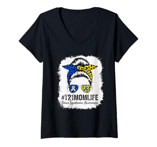 Damen Down-Syndrom Mom Life T21 Mama Blau Gelb Ribbon Awareness T-Shirt mit V-Ausschnitt von Down Syndrome Awareness Mom Messy Bun For Women