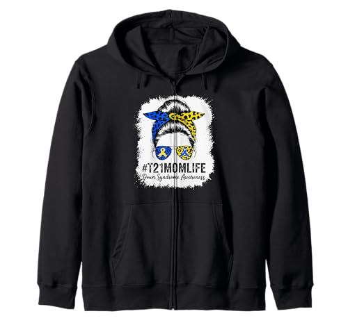 Down-Syndrom Mom Life T21 Mama Blau Gelb Ribbon Awareness Kapuzenjacke von Down Syndrome Awareness Mom Messy Bun For Women