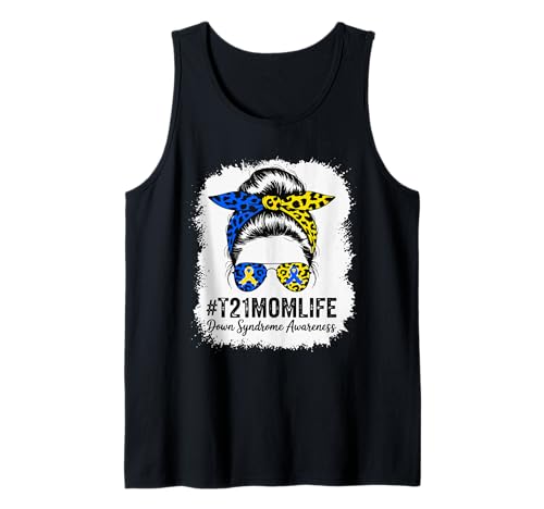 Down-Syndrom Mom Life T21 Mama Blau Gelb Ribbon Awareness Tank Top von Down Syndrome Awareness Mom Messy Bun For Women