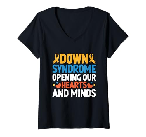 Damen Down-Syndrom Opening Our Hearts And Minds Awareness Month T-Shirt mit V-Ausschnitt Damen Down-Syndrom Opening Our Hearts And Minds Awareness Month T-Shirt mit V-Ausschnitt von Down Syndrome Awareness Support Trisomy 21 GIFT