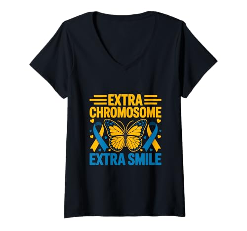 Damen Extra Chromosom Extra Smile Down Syndrome Awareness Month T-Shirt mit V-Ausschnitt Damen Extra Chromosom Extra Smile Down Syndrome Awareness Month T-Shirt mit V-Ausschnitt von Down Syndrome Awareness Support Trisomy 21 GIFT