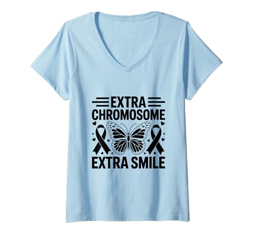 Damen Extra Chromosom Extra Smile Down Syndrome Awareness Month T-Shirt mit V-Ausschnitt Damen Extra Chromosom Extra Smile Down Syndrome Awareness Month T-Shirt mit V-Ausschnitt von Down Syndrome Awareness Support Trisomy 21 GIFT