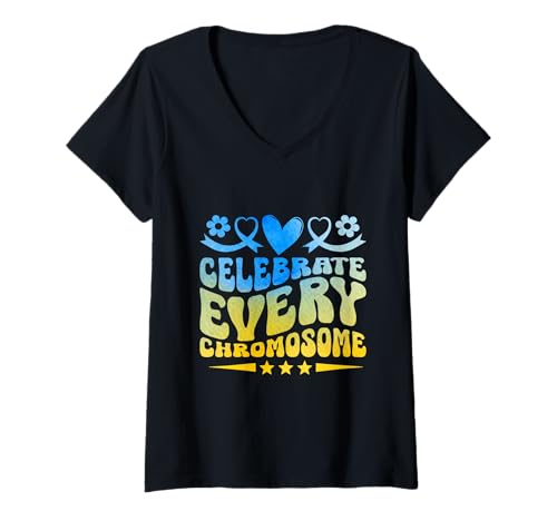 Damen Feiern Sie jeden Monat des Chromosom-Down-Syndroms T-Shirt mit V-Ausschnitt Damen Feiern Sie jeden Monat des Chromosom-Down-Syndroms T-Shirt mit V-Ausschnitt von Down Syndrome Awareness Support Trisomy 21 GIFT