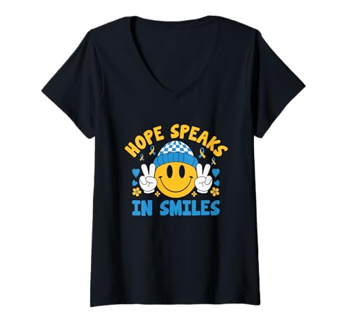 Damen Hope Speaks In Smiles Down Syndrome Awareness Support Monat T-Shirt mit V-Ausschnitt Damen Hope Speaks In Smiles Down Syndrome Awareness Support Monat T-Shirt mit V-Ausschnitt von Down Syndrome Awareness Support Trisomy 21 GIFT