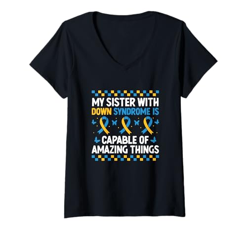 Damen Meine Schwester mit Down-Syndrom ist zu erstaunlichen Dingen fähig T-Shirt mit V-Ausschnitt Damen Meine Schwester mit Down-Syndrom ist zu erstaunlichen Dingen fähig T-Shirt mit V-Ausschnitt von Down Syndrome Awareness Support Trisomy 21 GIFT