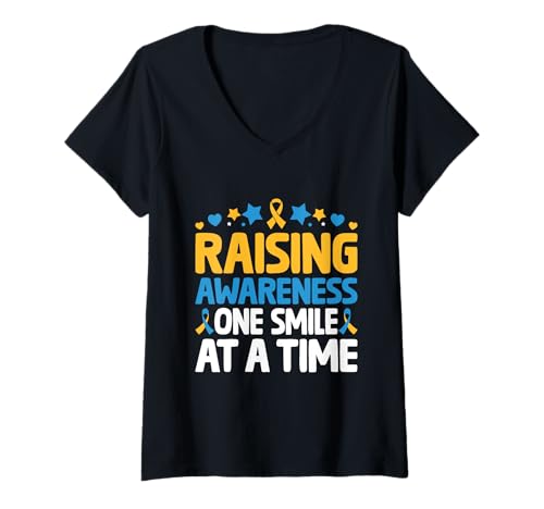 Damen Sensibilisierung "One Smile At A Time" Down-Syndrom Unterstützung T-Shirt mit V-Ausschnitt Damen Sensibilisierung "One Smile At A Time" Down-Syndrom Unterstützung T-Shirt mit V-Ausschnitt von Down Syndrome Awareness Support Trisomy 21 GIFT