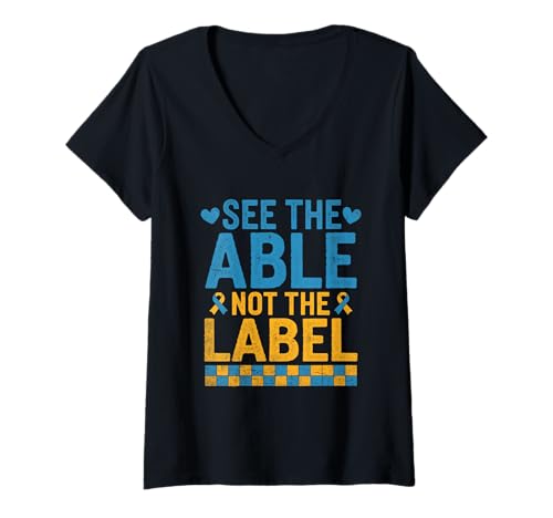 Damen Siehe den Monat des Able Not The Label Down Syndrome Awareness Month T-Shirt mit V-Ausschnitt Damen Siehe den Monat des Able Not The Label Down Syndrome Awareness Month T-Shirt mit V-Ausschnitt von Down Syndrome Awareness Support Trisomy 21 GIFT