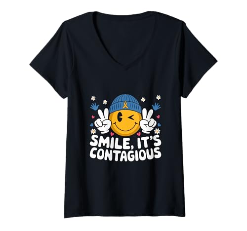 Damen Smile It's Contagious Down Syndrome Awareness Month Warrior T-Shirt mit V-Ausschnitt Damen Smile It's Contagious Down Syndrome Awareness Month Warrior T-Shirt mit V-Ausschnitt von Down Syndrome Awareness Support Trisomy 21 GIFT
