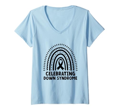 Damen Wir feiern den Down-Syndrom Support Warrior Awareness Month T-Shirt mit V-Ausschnitt von Down Syndrome Awareness Support Trisomy 21 GIFT
