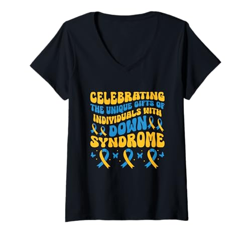 Damen Wir feiern die einzigartigen Gaben von Menschen mit Down-Syndrom T-Shirt mit V-Ausschnitt Damen Wir feiern die einzigartigen Gaben von Menschen mit Down-Syndrom T-Shirt mit V-Ausschnitt von Down Syndrome Awareness Support Trisomy 21 GIFT