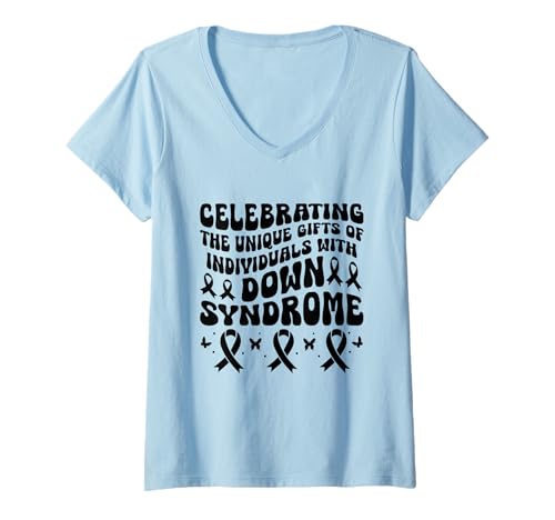 Damen Wir feiern die einzigartigen Gaben von Menschen mit Down-Syndrom T-Shirt mit V-Ausschnitt Damen Wir feiern die einzigartigen Gaben von Menschen mit Down-Syndrom T-Shirt mit V-Ausschnitt von Down Syndrome Awareness Support Trisomy 21 GIFT