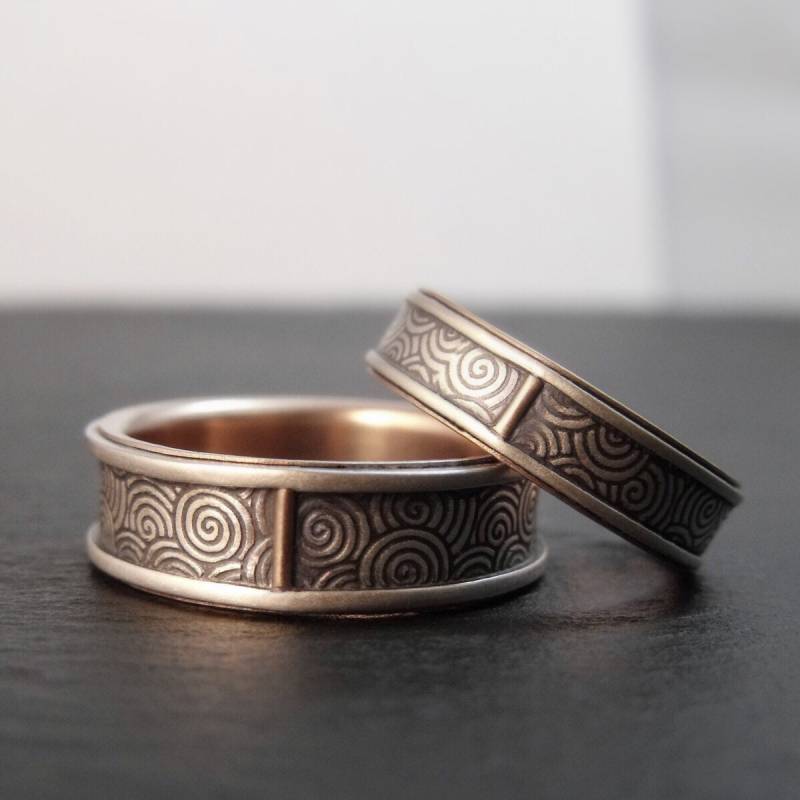 Damen Ehering Set Gold Silber Herren Ozeanwellen Rose Ring von DownToTheWireDesigns