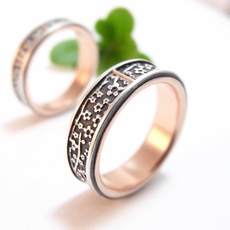 Hochzeit Band Set, Kirschblüte Silber Und 14K Rose Gold Herren Ehering Damen Trauringe 585 von DownToTheWireDesigns