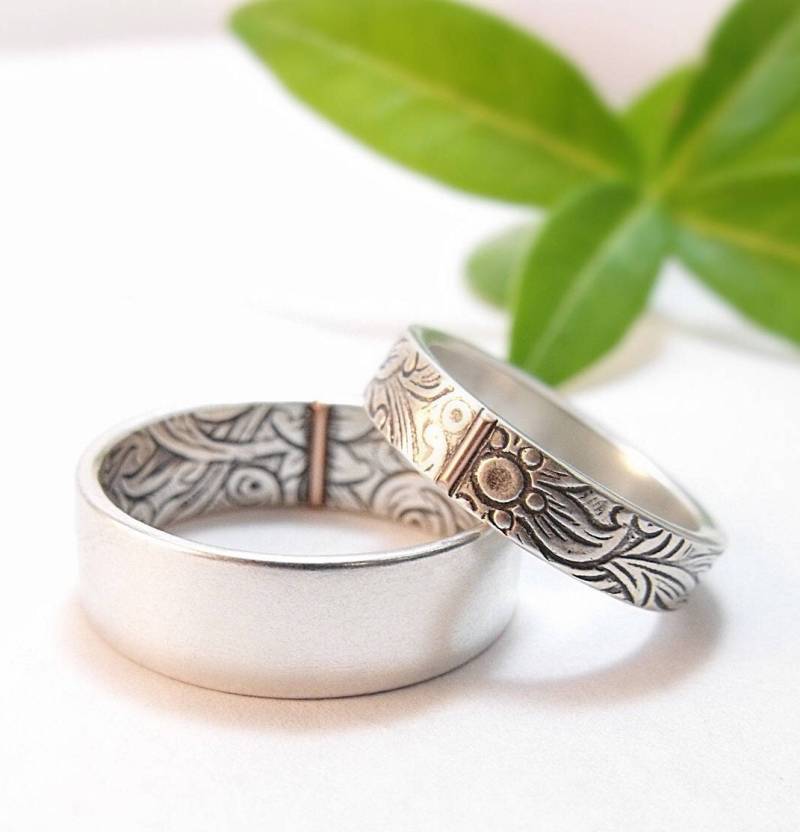 Silber Ehering Damen Herren Hochzeits-Set Sonnenblumen-Hochzeit Blumenhochzeit Blumen-Hochzeit 14K Rose Gold Akzent von DownToTheWireDesigns