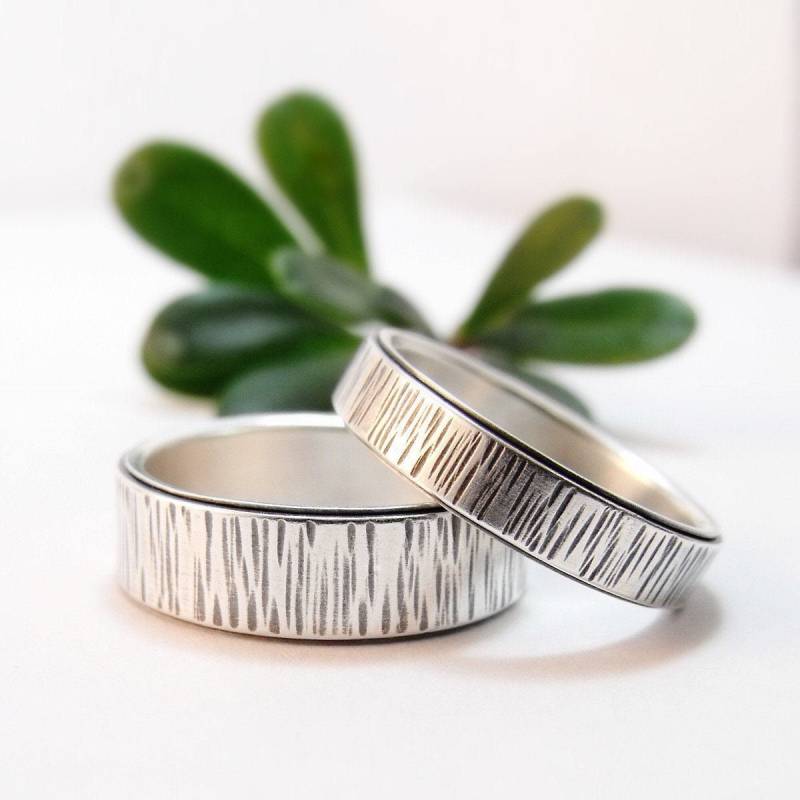 Winter Bark Sterling Silber Ehering Set Damen Set, Herren, Silberring von DownToTheWireDesigns
