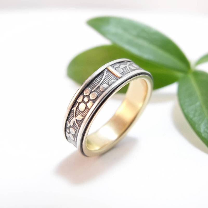 sterling Silber Gold Ehering Set Damen Herren Herrenring Aloha Floral Ring von DownToTheWireDesigns