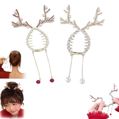 Rhinestone Tassel Ponytail Hair Claw, Christmas Antlers Pearl Tassel Hair Clips, Reindeer Hair Clips, Christmas Elk Headdress, Glitter Claw Buns Holder Hair Cuff for Women (mixed 2pcs) von Doxenem