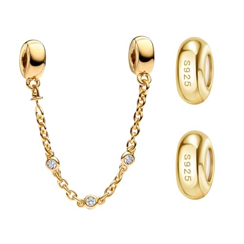 Doyafer 925 Sterling Silber Clips Charms Sicherheitskette Set Silikon Spacer Perlen Stpper Charms für Armbänder Frauen Freunde Geschenk (B-Gold Silikon Charm Perlen Kette Set 3 Stück/Packung) von Doyafer