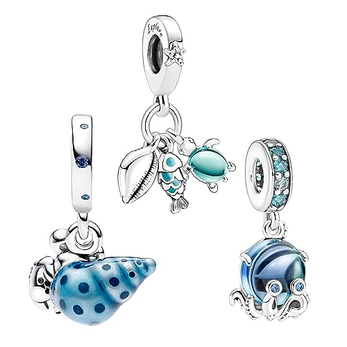 Doyafer 925 Sterling Silber Charms Meer, Tier Anhänger Perlen Muschel, Krake, Meeresschildkröte Anhänger Set für Frauen Armbänder Halskette 3-Stück/Paket von Doyafer