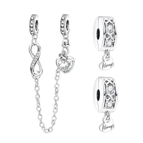 Doyafer 925 Sterling Silber Clips Charms Sicherheitskette Set Silikon Spacer Perlen Stpper Charms für Armbänder Frauen Freunde Geschenk (B-Infinite Perlen Kette Charms Set 3 Stück/Packung) von Doyafer