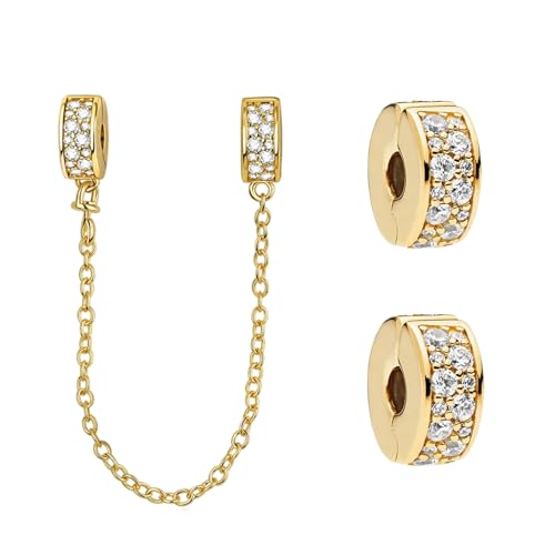 Doyafer 925 Sterling Silber Clips Charms Sicherheitskette Set Silikon Spacer Perlen Stpper Charms für Armbänder Frauen Freunde Geschenk (B-Gold Clip Perlenkette Set 3 Stück/Packung) von Doyafer