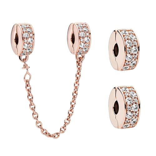 Doyafer 925 Sterling Silber Clips Charms Sicherheitskette Set Silikon Spacer Perlen Stpper Charms für Armbänder Frauen Freunde Geschenk (B-Rosegold Clip Perlenkette Set 3 Stück/Packung) von Doyafer