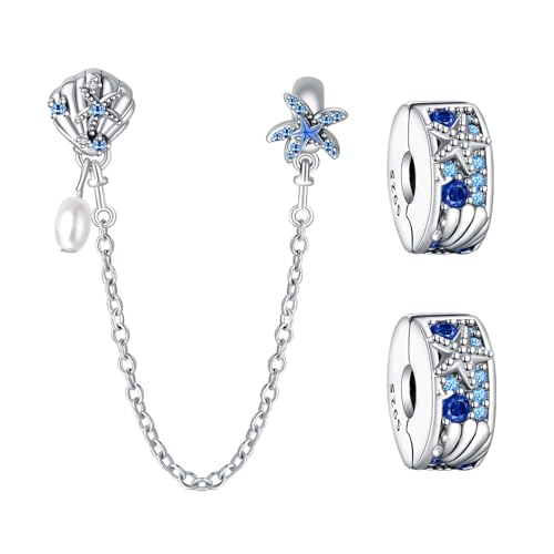 Doyafer 925 Sterling Silber Clips Charms Sicherheitskette Set Silikon Spacer Perlen Stpper Charms für Armbänder Frauen Freunde Geschenk (B-Shell Starfish Clip Perlenkette Set 3 Stück/Packung) von Doyafer