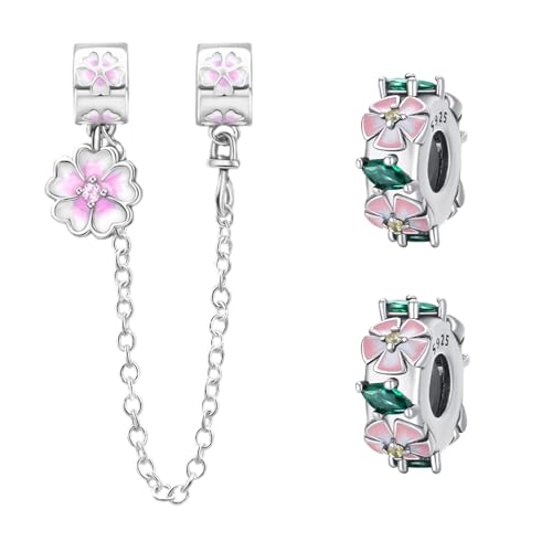 Doyafer 925 Sterling Silber Clips Charms Sicherheitskette Set Silikon Spacer Perlen Stpper Charms für Armbänder Frauen Freunde Geschenk (B-Flower Silikon Perlenkette Set 3 Stück/Packung) von Doyafer
