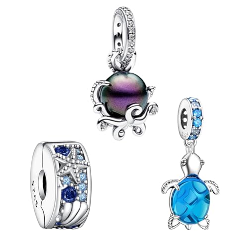 Doyafer 925 Sterlingsilber Ocean Series Oktopus Meeresschildkröte Seestern Muschel Clip String Charm Armband Damen Perlen Charm Anhänger Geburtstagsschmuck Geschenk 3er-Pack von Doyafer
