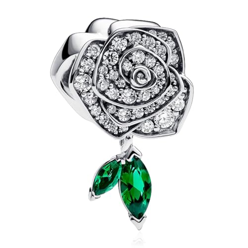 Doyafer Diamant studded Rose grün Blatt Anhänger 925 Sterling Silber Charme kompatibel mit Damen Armband Halskette Anhänger für Mutter Geschenk von Doyafer