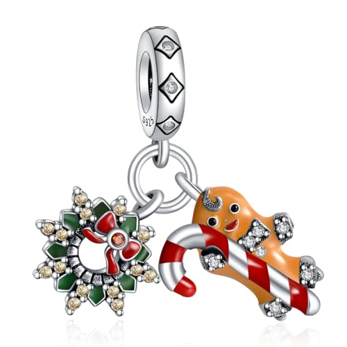Doyafer Gingerbread Mann Kranz Zwei Stück Anhänger Set 925 Sterling Silber Charme für Armbänder Weihnachtsschmuck Geschenke für Freunde von Doyafer