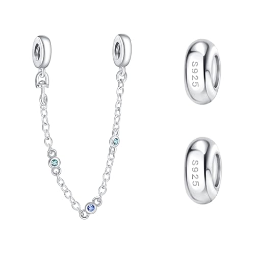 Doyafer 925 Sterling Silber Clips Charms Sicherheitskette Set Silikon Spacer Perlen Stpper Charms für Armbänder Frauen Freunde Geschenk (B-Silber Silikon Charm Perlen Kette Set 3 Stück/Packung) von Doyafer
