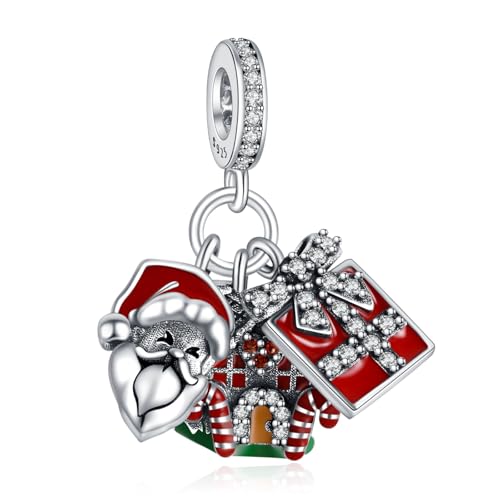 Doyafer Weihnachtsmann Geschenk Weihnachtshaus Drei Stück Anhänger Set 925 Sterling Silber Charms kompatibel mit Frauen Armband Halskette Weihnachtsgeschenke für Freunde Familie von Doyafer