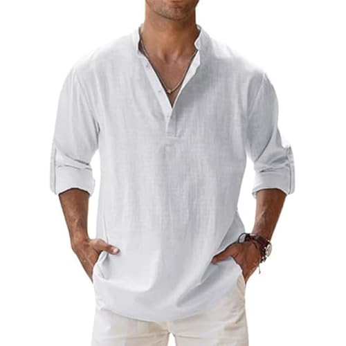Marco Luca Klassisches Hemd, Ffmani Herren Langarm Casual Sommer Loose Fit Strandoberteil mit Stehkragen(White_4XL) von Dpptgh