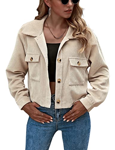 Dqbeng Damen Casual Loose Button Down Cropped Cord Shirts Jacken, aprikose, Mittel von Dqbeng