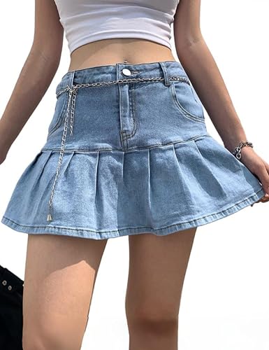 Dqbeng Damen Plissierter Jeansrock mit hoher Taille, A-Linie, Mini Y2K gerüschte Jeansröcke, hellblau, XX-Large von Dqbeng