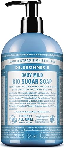 Dr. Bronner's Bio Suger Soap | Baby Mild | Für Hände, Gesicht, Körper und Haar | Ohne Duftstoffe | Für sensible Haut | Mit Shikakai-Pulver und Bio-Rohrzucker | 355 ml von Dr. Bronner's