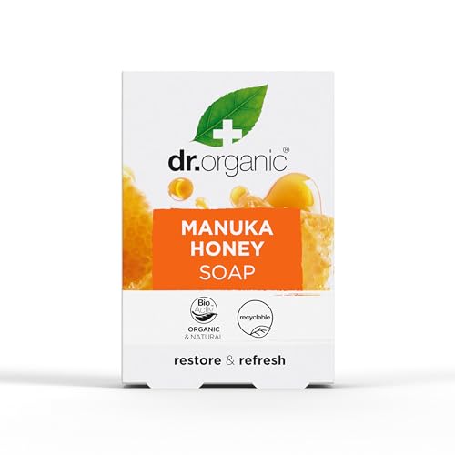 Dr. Organic Manuka Honig Seifenstück, Trockene Haut, Herren, Damen, natürlich, vegetarisch, tierversuchsfrei, paraben- und SLS-frei, plastikfrei, recycelt & recycelbar, biologisch, 100g von Dr. Organic