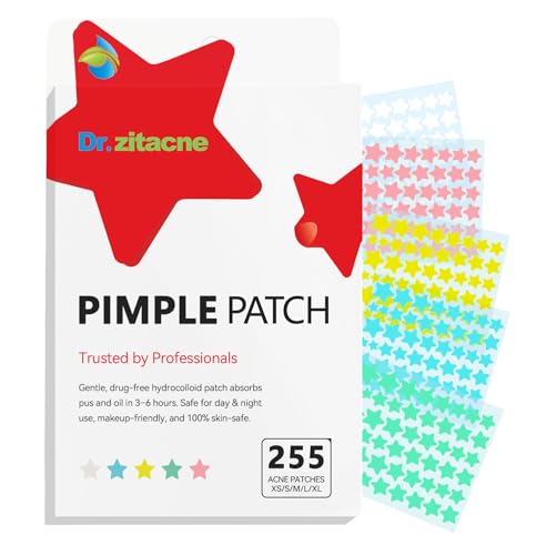Pickel Patch, Pimple Patches, Pickelpatches Gesicht, Hydrocolloid Akne Acne Patch, 255 Stück 5 Farben & 5 Größen(8,10,12,14,16 mm), Atmungsaktiv & Absorptions, Süße Stern-Sticker mit, Tag & Nacht von Dr. Zitacne
