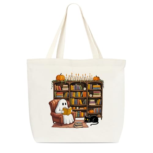 Buch-Tragetasche für Damen, niedlicher Geist und Kürbis, Leinentaschen, Halloween-Geschenktaschen, Bücherwurm, wiederverwendbare Einkaufstasche, Bibliotheks-Schultertasche für Leser, Buchliebhaber von Dr.Baner
