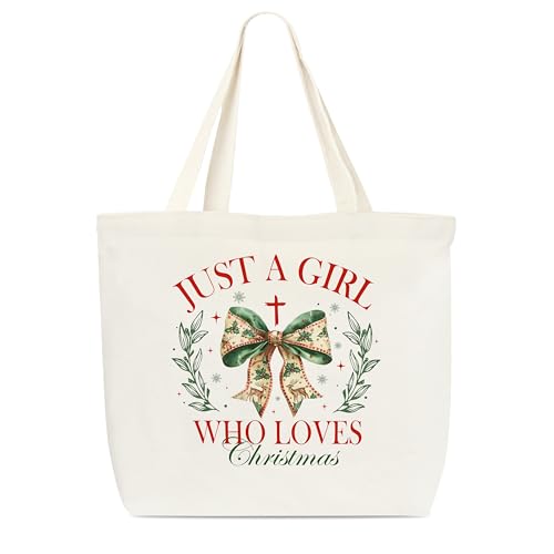 Dr.Baner Christliche Weihnachtstasche für Frauen, Just A Girl Who Loves Christmas Themed Canvas Totes, Kokette Schleife, wiederverwendbare Einkaufstasche, Urlaubsgeschenktaschen für Freunde und von Dr.Baner