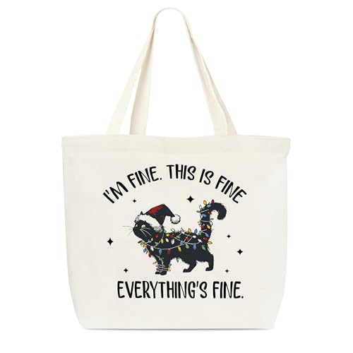 Dr.Baner Weihnachtstasche mit schwarzer Katze, für Damen, "Everything Is Fine Themed", lustige Katze, wiederverwendbare Einkaufstasche, Urlaubsgeschenktüten für Freunde, Familie (02) von Dr.Baner