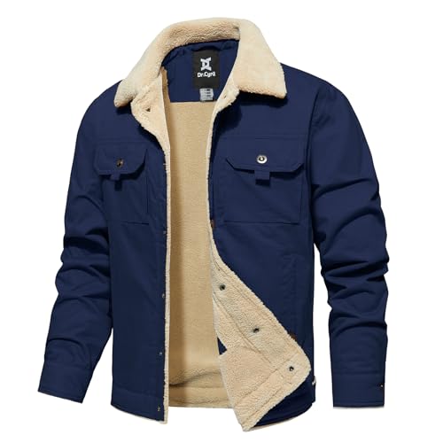 Dr.Cyril Men's Sherpa Trucker Jacket Turn-Down Collar Cargo Jacket Warm Winter Coat with Pockets (M, Navy) von Dr.Cyril