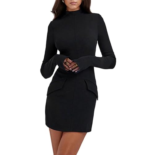 Mini-Cargo-Kleid für Damen, Wickelkleid mit hohem Halsausschnitt für Damen, Frühlings-Langarm-Minikleid (XXL,Black) von DraBEx