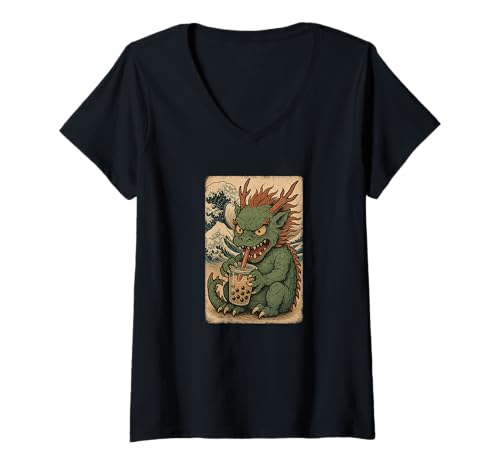 Damen Drache drinkt Bubble Tea Japanisches Vintage T-Shirt mit V-Ausschnitt Damen Drache drinkt Bubble Tea Japanisches Vintage T-Shirt mit V-Ausschnitt von Drache Bubble Tea Retro Kawaii Shop