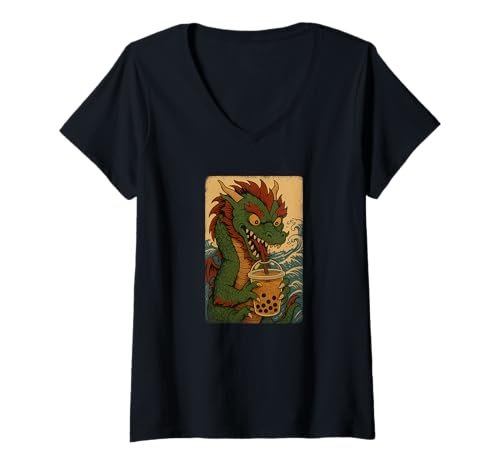 Damen Drache drinkt Bubble Tea Japanisches Vintage T-Shirt mit V-Ausschnitt Damen Drache drinkt Bubble Tea Japanisches Vintage T-Shirt mit V-Ausschnitt von Drache Bubble Tea Retro Kawaii Shop